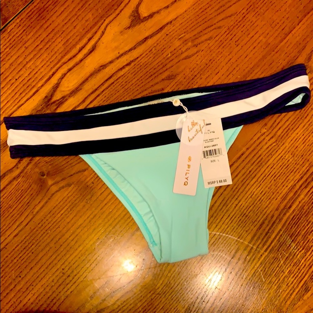 NWT‎ PILYQ Aquamarine Banded Bikini Bottom Sz Lg